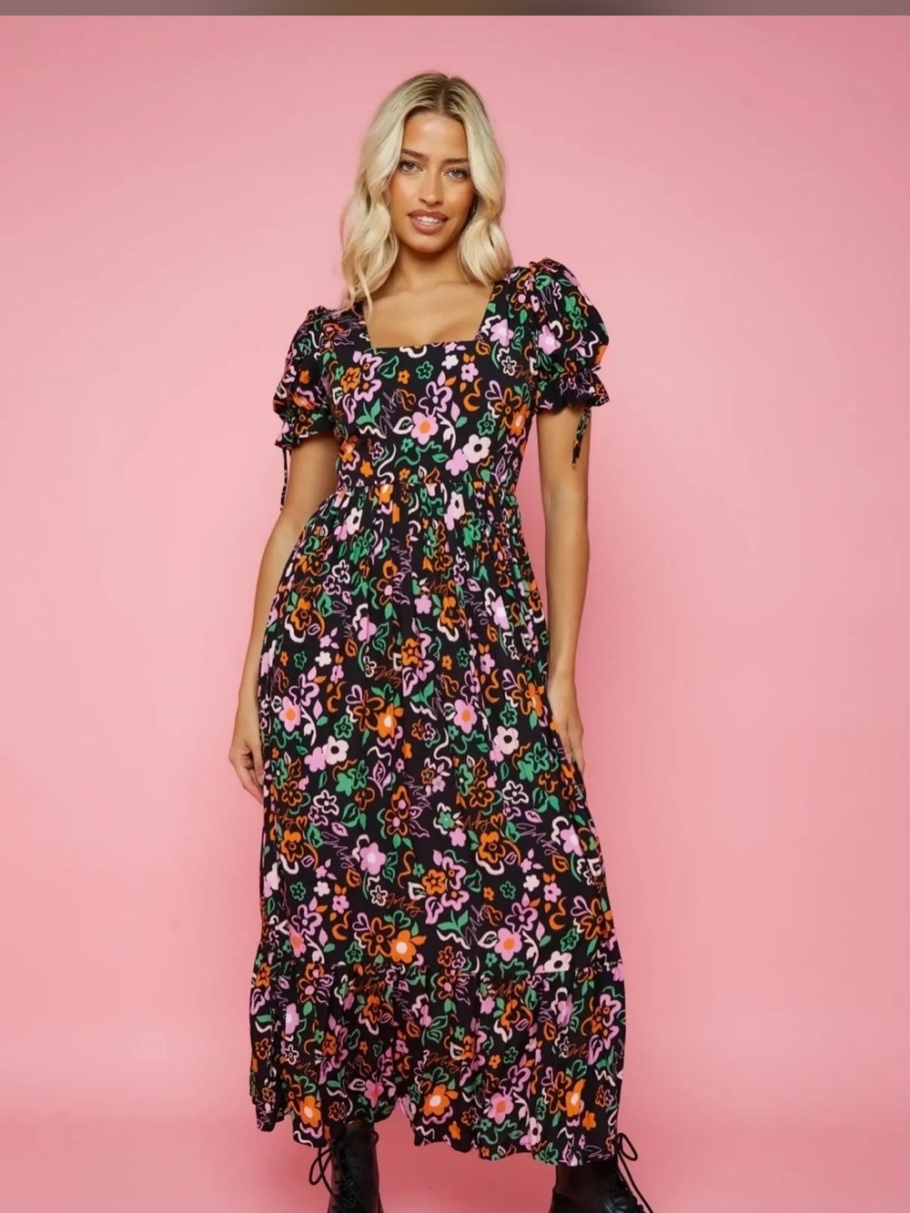 Floral Tie-Back Maxi Dress in Black with Pink, Orange & Green Size 24 / 3X